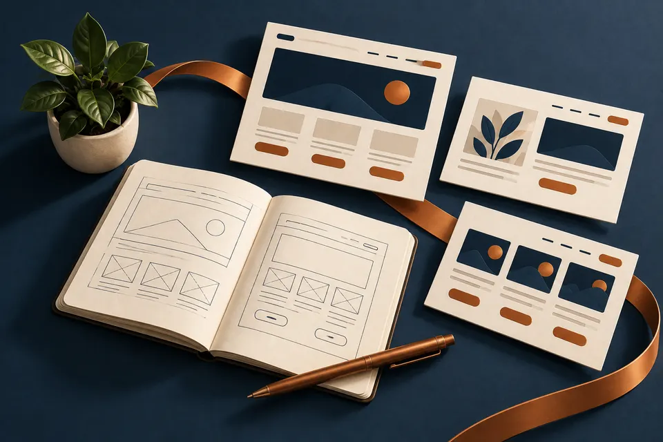 Illustration of website sketches, page layouts and a copper pen on a navy work surface